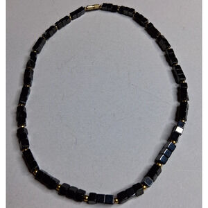Black Smooth Square Cube Bead Necklace Gold Tone Fashion Jewelry 16 inch
